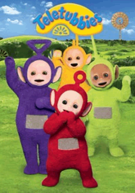 a group of teletubbies are posing for a picture