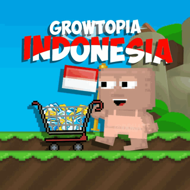 a video game called growtopia indonesia has a naked man holding a shopping cart