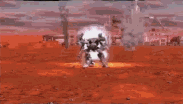 a robot is fighting another robot in a video game while holding a light saber .