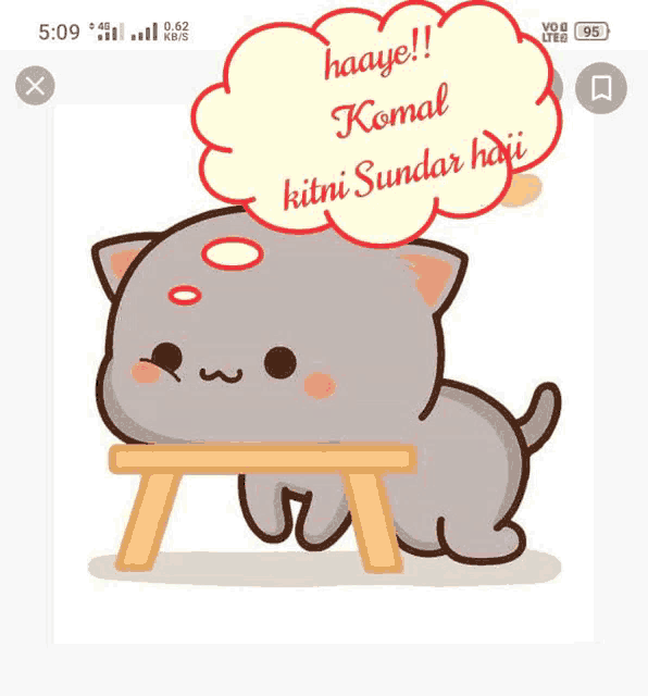 a cartoon cat is sitting at a table with a thought bubble that says haaye komal kitni sundar haiji