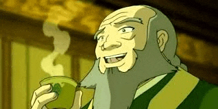 a cartoon man with a beard is drinking from a green cup .