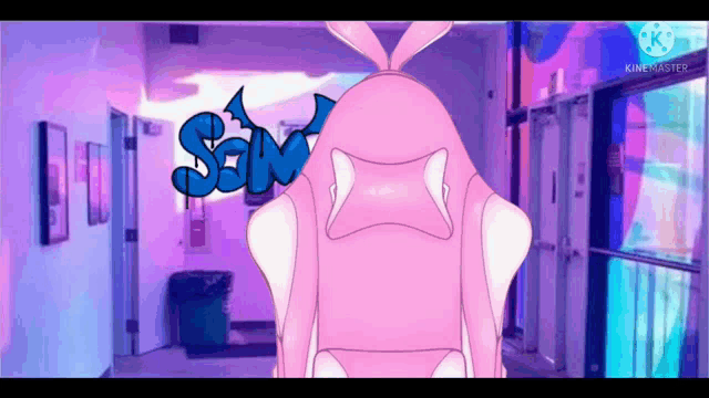 a cartoon character is sitting in a pink chair in a hallway with a purple background .