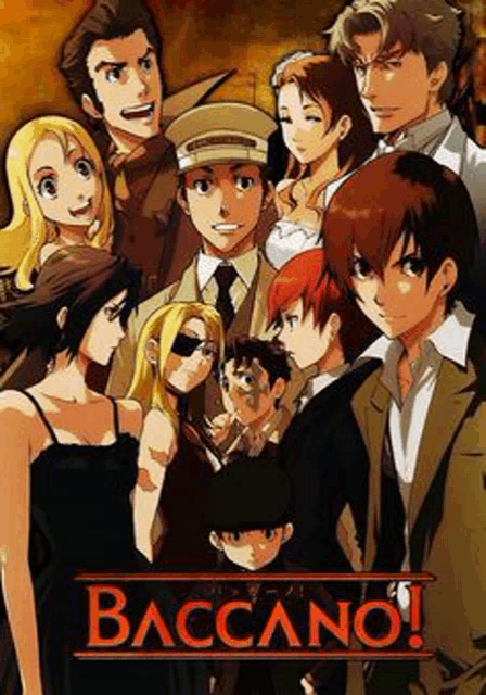 a group of anime characters standing next to each other with the word baccano on the bottom