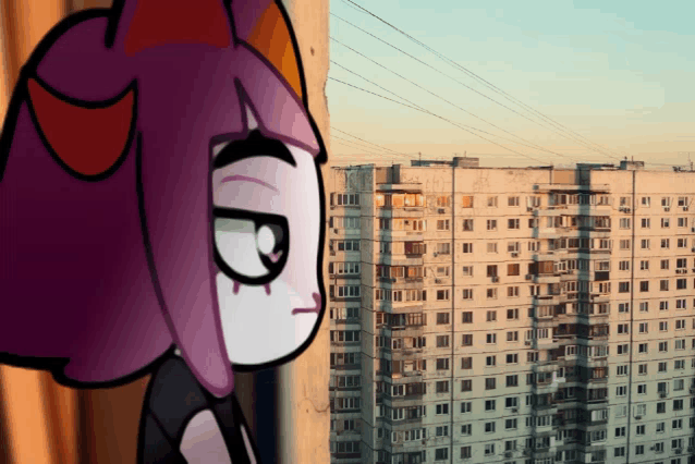 a cartoon character is looking out of a window at a tall building