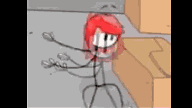 a stick figure with red hair and a white face is standing next to a cardboard box .