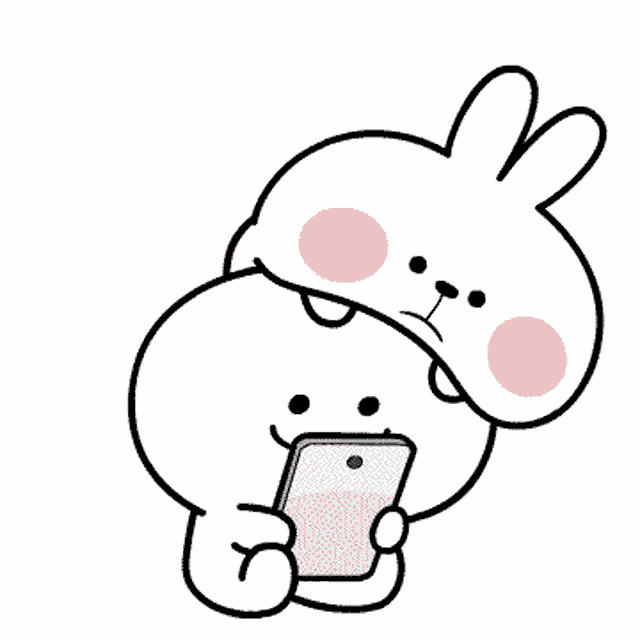 a cartoon rabbit is holding a cell phone and another rabbit is hugging it