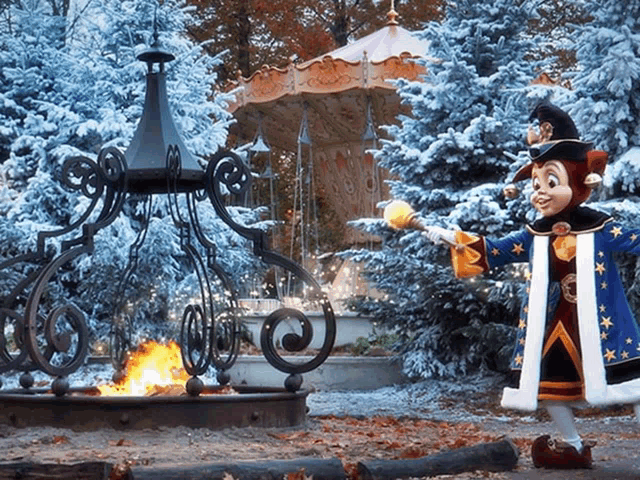 a cartoon character is standing in front of a carousel and a fire