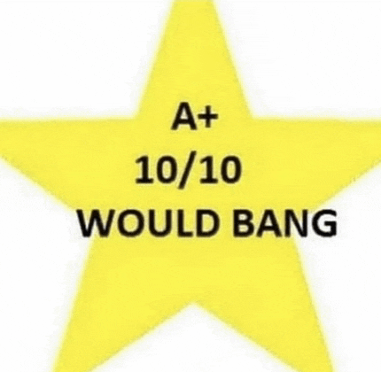 a yellow star with the words `` a + 10/10/10 would bang '' written on it .