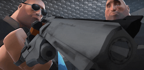 a man with sunglasses is holding a gun that says ' sniper ' on the side