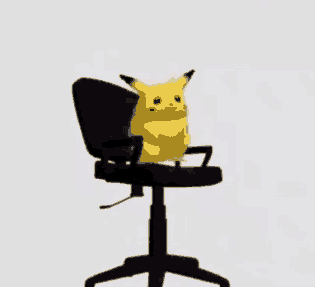 pikachu is sitting on a black office chair .