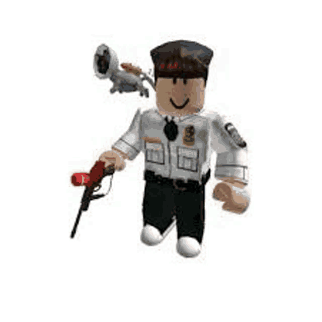 a roblox police officer is holding a gun and a camera .