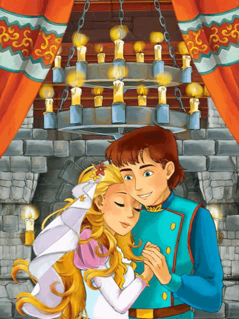 a cartoon illustration of a prince and princess dancing in a castle