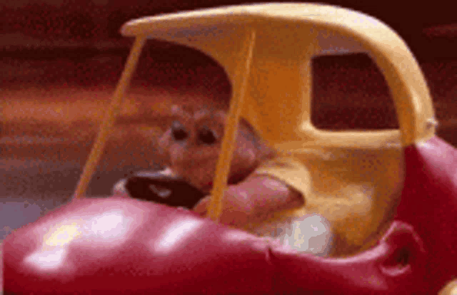 a toy pig is driving a red and yellow car .