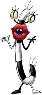 a black and white cartoon character with a red lip and green eyes