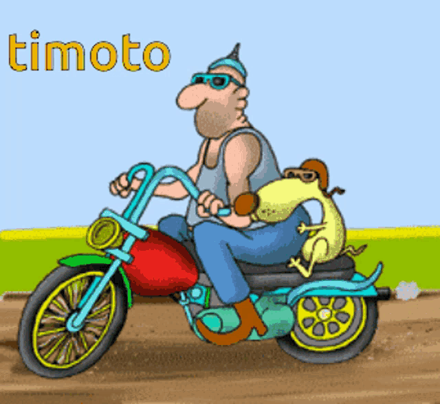 a cartoon of a man riding a motorcycle with a dog on the back and the word timoto on the bottom