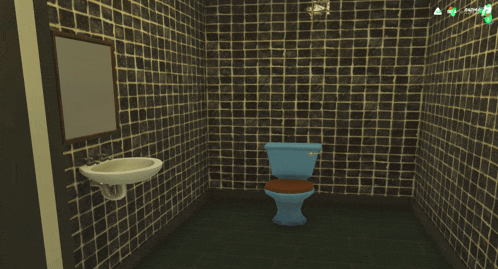 a bathroom with black tiles and a blue toilet and a sink