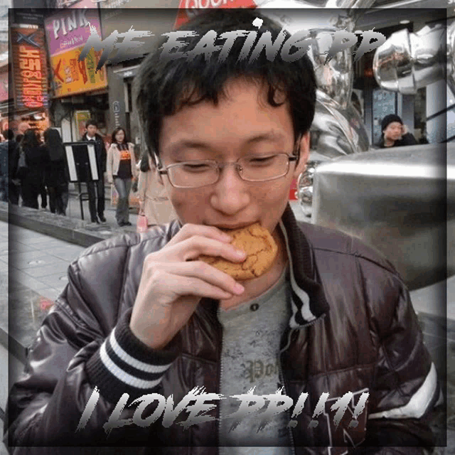 a picture of a man eating a cookie with the words i love tpp on the bottom right