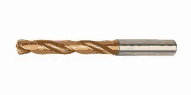 a close up of a drill bit with a metal handle on a white background .