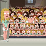 a cartoon woman is standing in front of a wall of people .