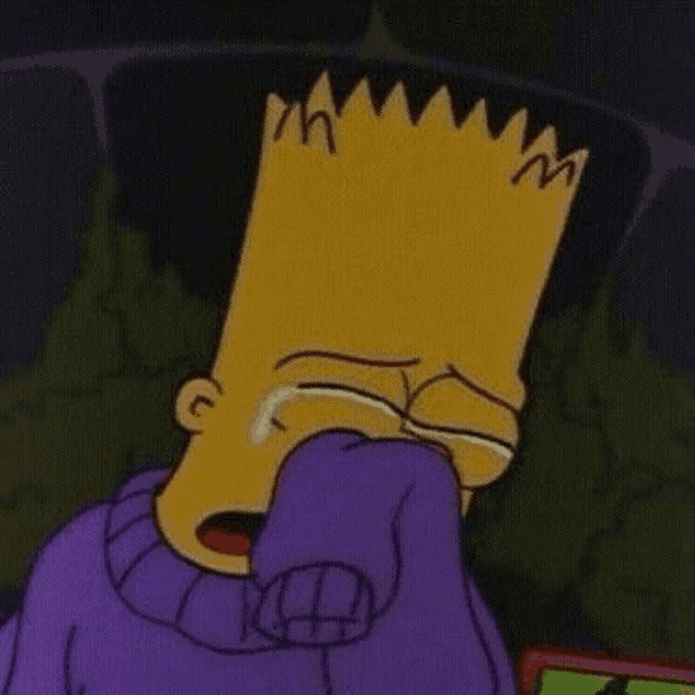 bart simpson is crying while wearing a purple sweater and covering his face with his hand .