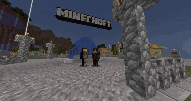 two minecraft characters are standing in front of a minecraft sign