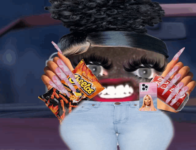 a woman holding a bag of cheetos and a coke