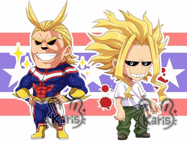 a cartoon of all might and a boy with the name karis on the bottom right