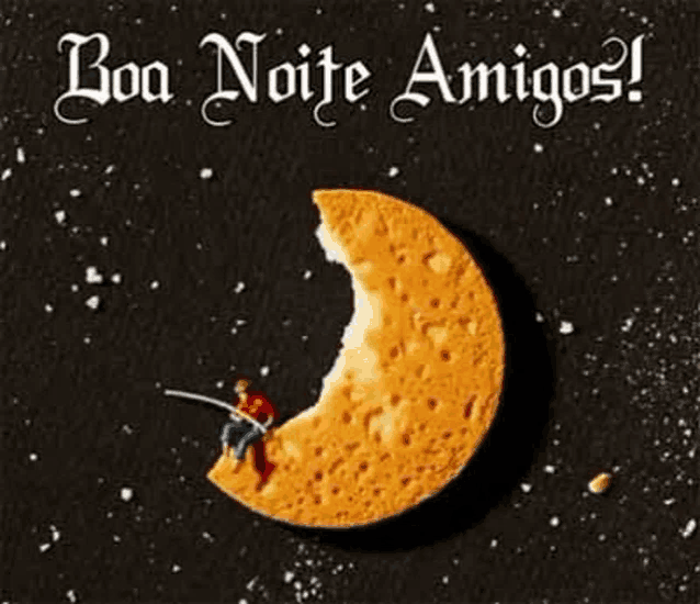 a man is fishing on a crescent moon made of a cookie .