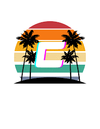 the letter c is surrounded by palm trees and a sunset in the background