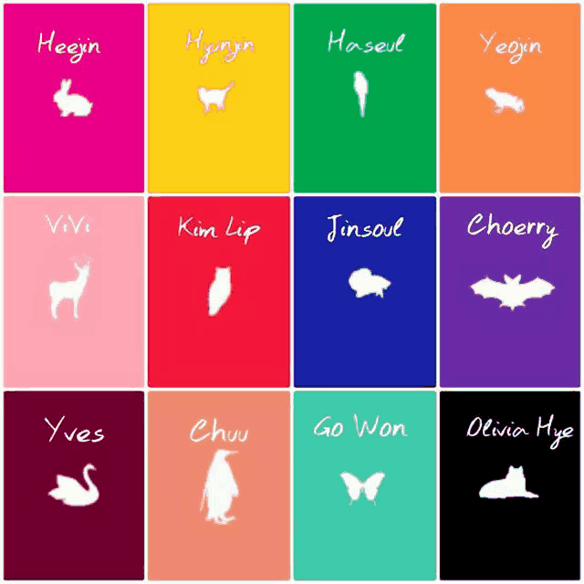 a collage of various colored cards with animals and the names of the members