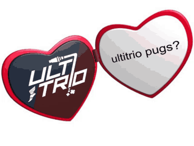 two heart shaped buttons that say ulti trio on them