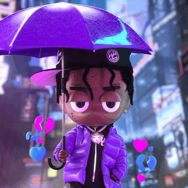 a cartoon character in a purple jacket holding a purple umbrella with hearts around him