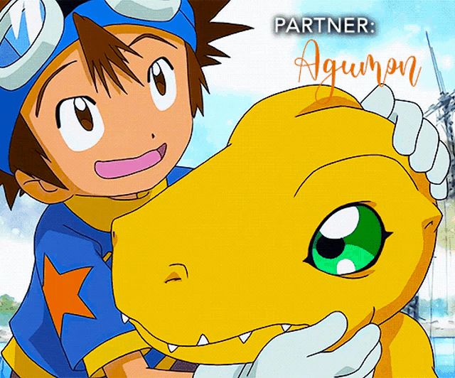 a boy in a blue hat is hugging a yellow dinosaur with the word partner written above him