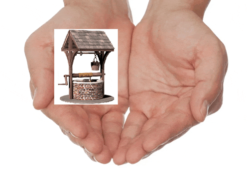 two hands holding a picture of a well with a sign that says " water " on it