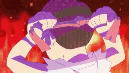 a purple and white cartoon character is holding a red object in front of his face .