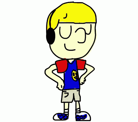a cartoon boy wearing headphones and a blue shirt