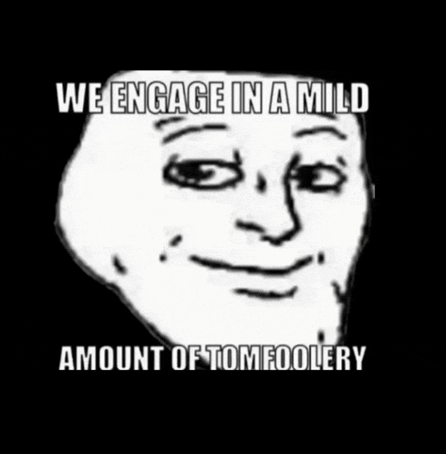 a troll face with the caption `` we engage in a mild amount of tomfoolery '' .