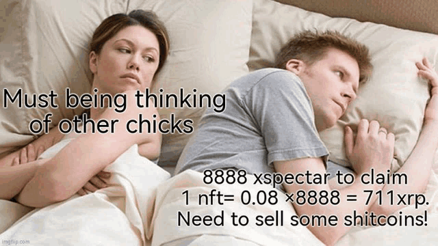 a man and a woman laying on a bed with a caption that says must being thinking of other chicks