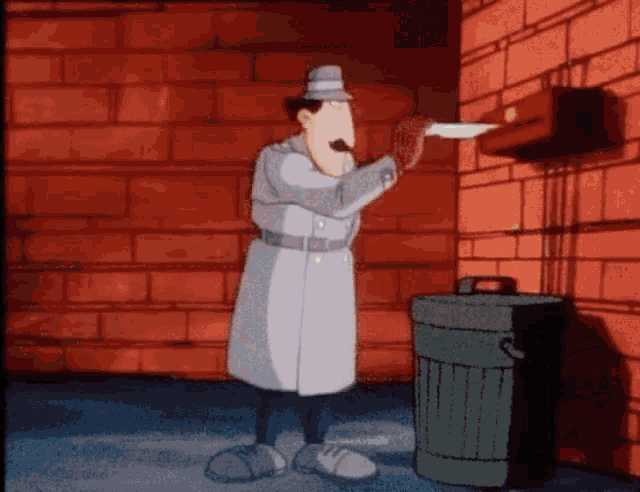 a cartoon character in a trench coat is standing next to a trash can
