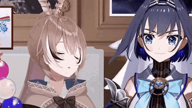 two anime girls are sitting next to each other on a couch and smiling .