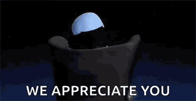 a cartoon character is sitting in a chair with the words `` we appreciate you '' written below him .