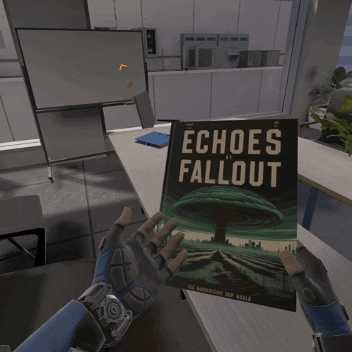 a person holding a book titled echoes fallout