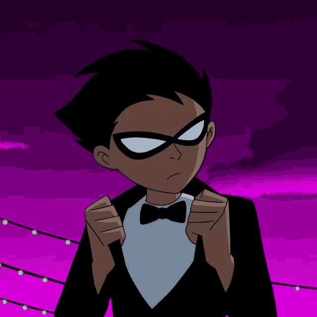 a cartoon character is wearing a tuxedo and a bow tie