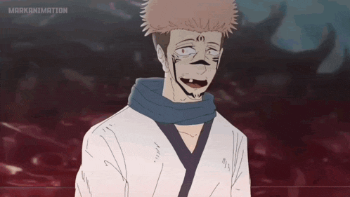 a man with a scarf around his neck is making a funny face in a cartoon .