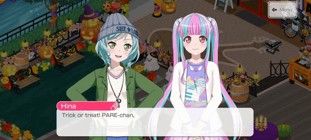 two anime girls are standing next to each other and one of them says hinata trick or treat pare-chan