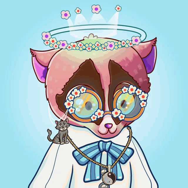 a cat wearing glasses and a crown with flowers on it 's head