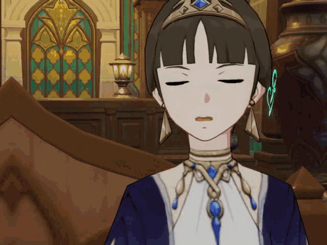 a cartoon character with her eyes closed and a necklace with a blue pendant