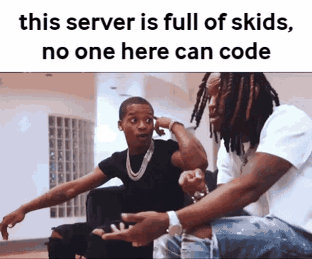 two men sitting next to each other with a caption that says " this server is full of skids no one here can code "