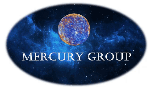 a logo for the mercury group shows a planet in the middle of a galaxy