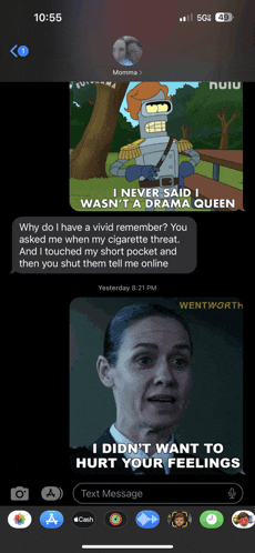 a screenshot of a text message between momma and a cartoon character